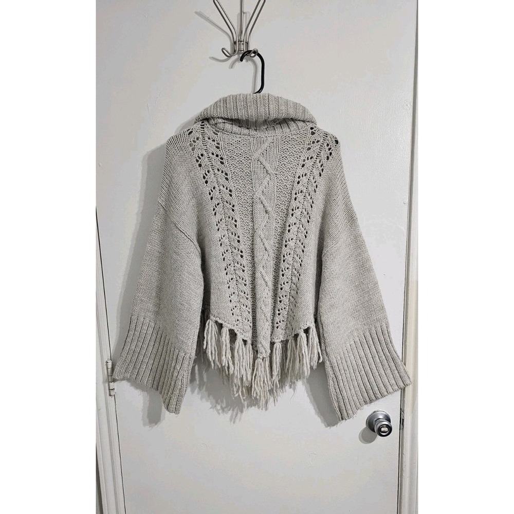 Cupcakes and Cashmere‎ Crotchet Knit Sweater Medium Ivory Mock Neck Fringe Style - Picture 5 of 7